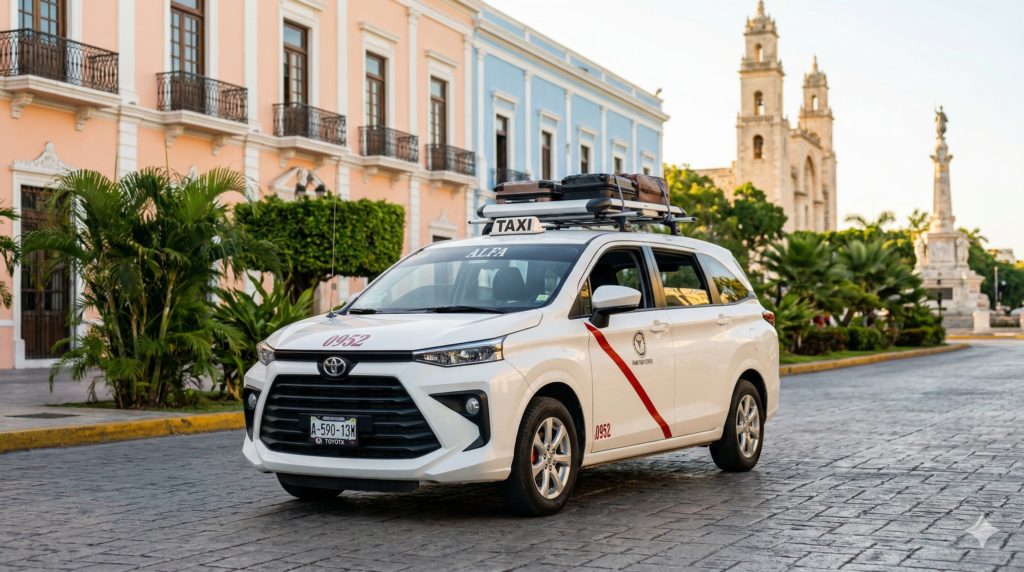 Transporte Ejecutivo Santa Ana Taxi Toyota Avanza de Santa Ana Sitio 14 frente a la catedral en el centro de Mérida, Yucatán.