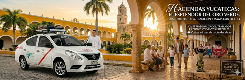 Turismo en Haciendas de Yucatán con Sitio 14 Santa Ana Vista panorámica de una hacienda yucateca histórica con un taxi blanco de Sitio 14 Santa Ana estacionado al frente, destacando la arquitectura colonial y la vegetación tropical.